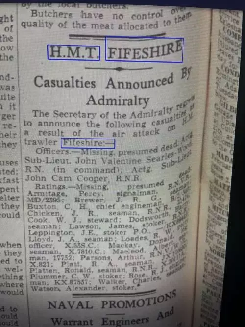HMT Fifeshire casualty group medals and documents