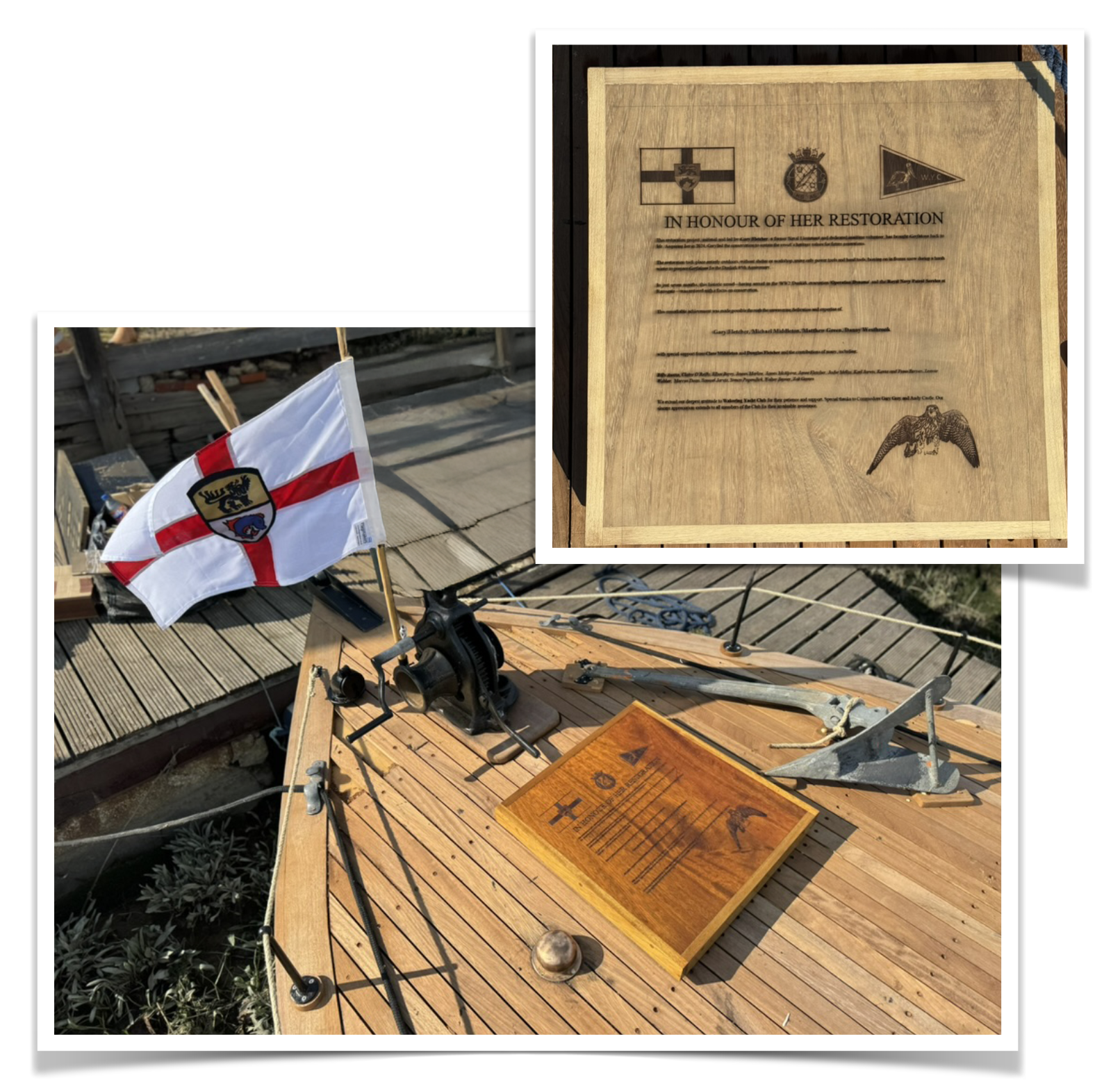 Gerfalcon restoration acknowledgements plaque on deck
