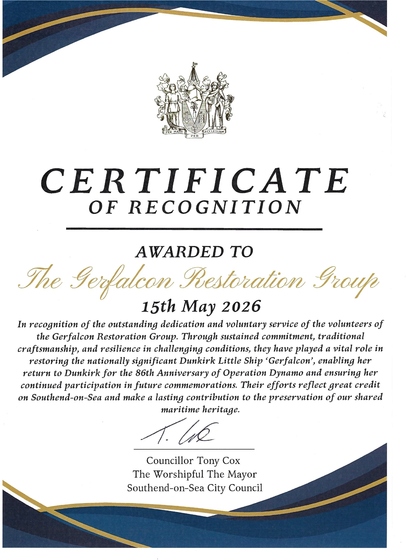 Certificate of Recognition from the Worshipful Mayor of Southend-on-Sea City Council