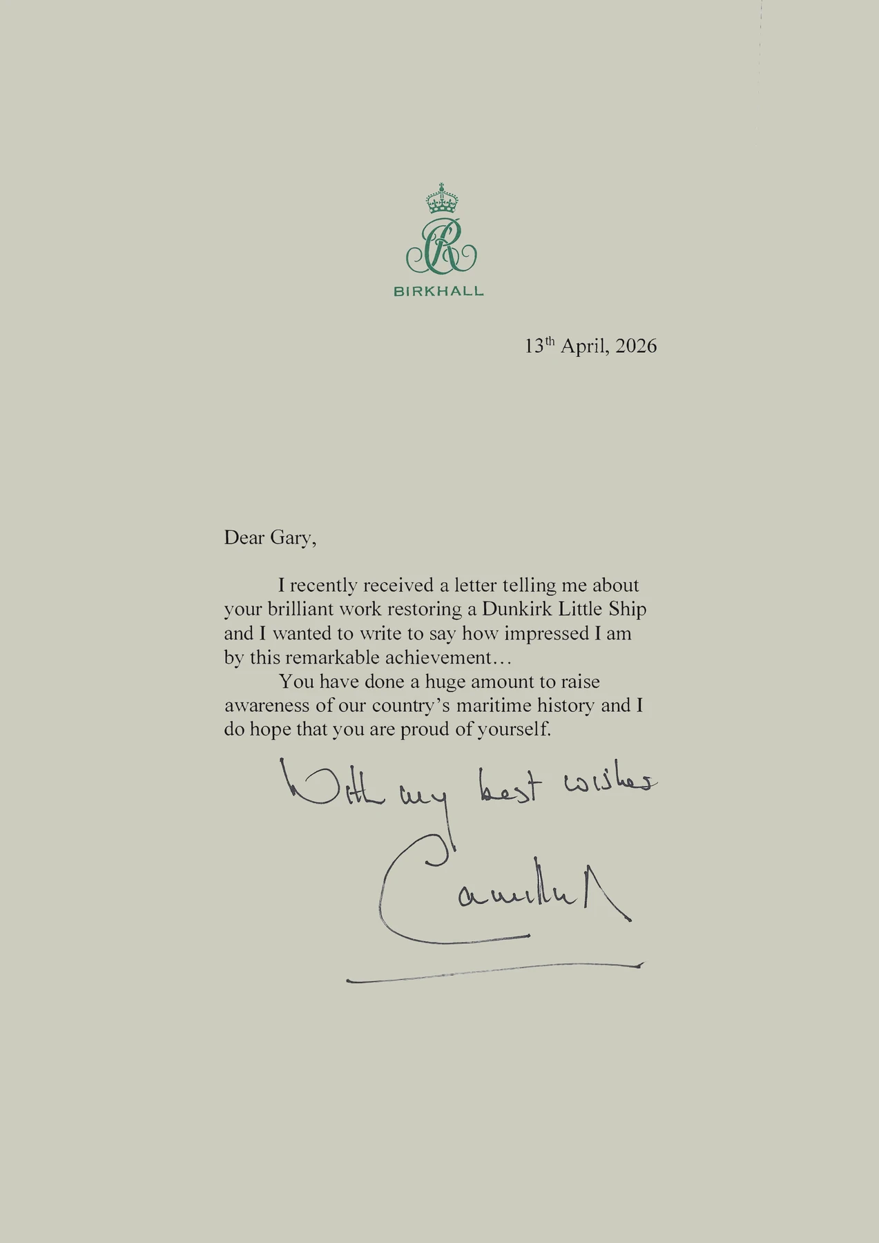 Letter from Queen Camilla acknowledging Gary Fletcher's restoration of Gerfalcon