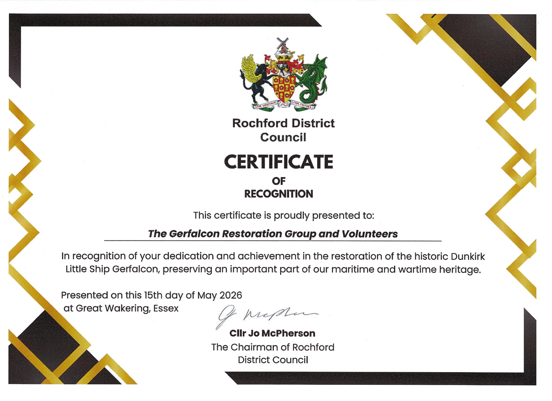 Certificate of Recognition from Rochford District Council
