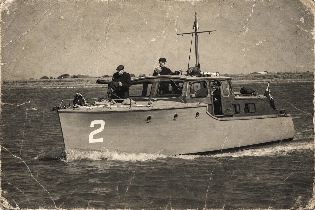 Gerfalcon under way with crew in period Royal Navy clothing for the 85th anniversary of her final wartime patrol